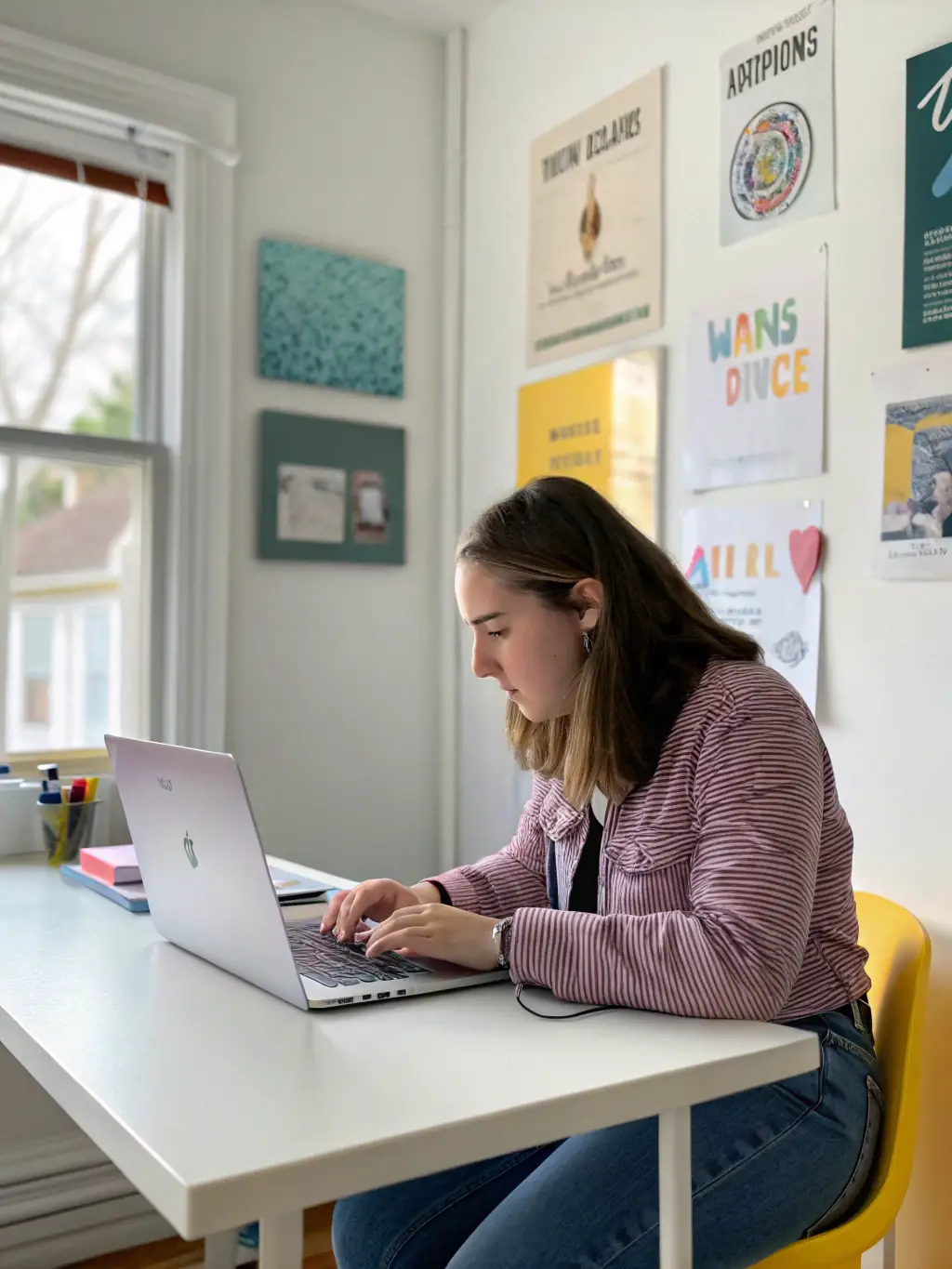 An entrepreneur working on a laptop in a co-working space, looking determined and focused on achieving their business goals with coaching support.