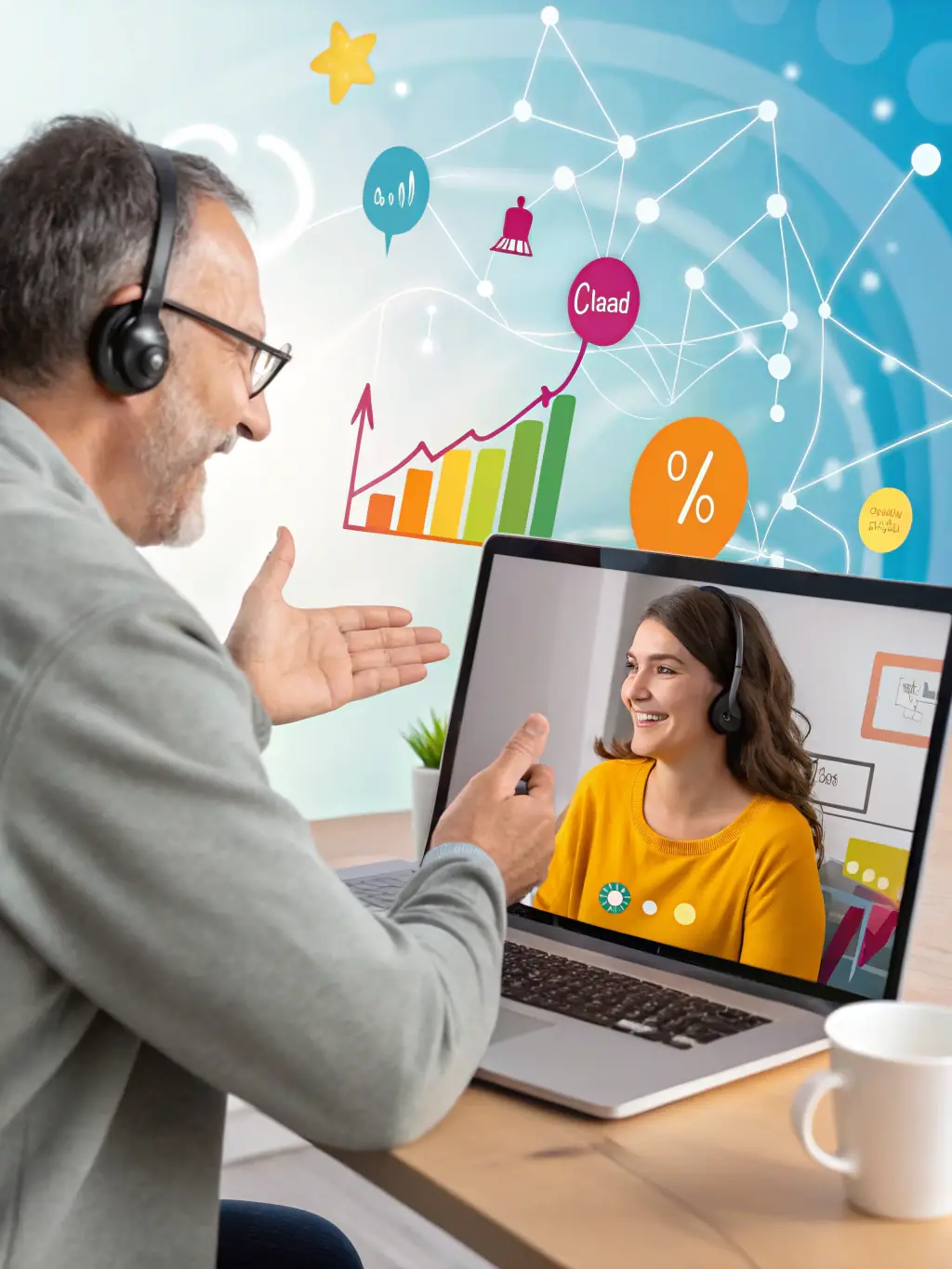 A professional coach is guiding a client through a career transition, using a laptop to explore new opportunities and develop a strategic career plan.