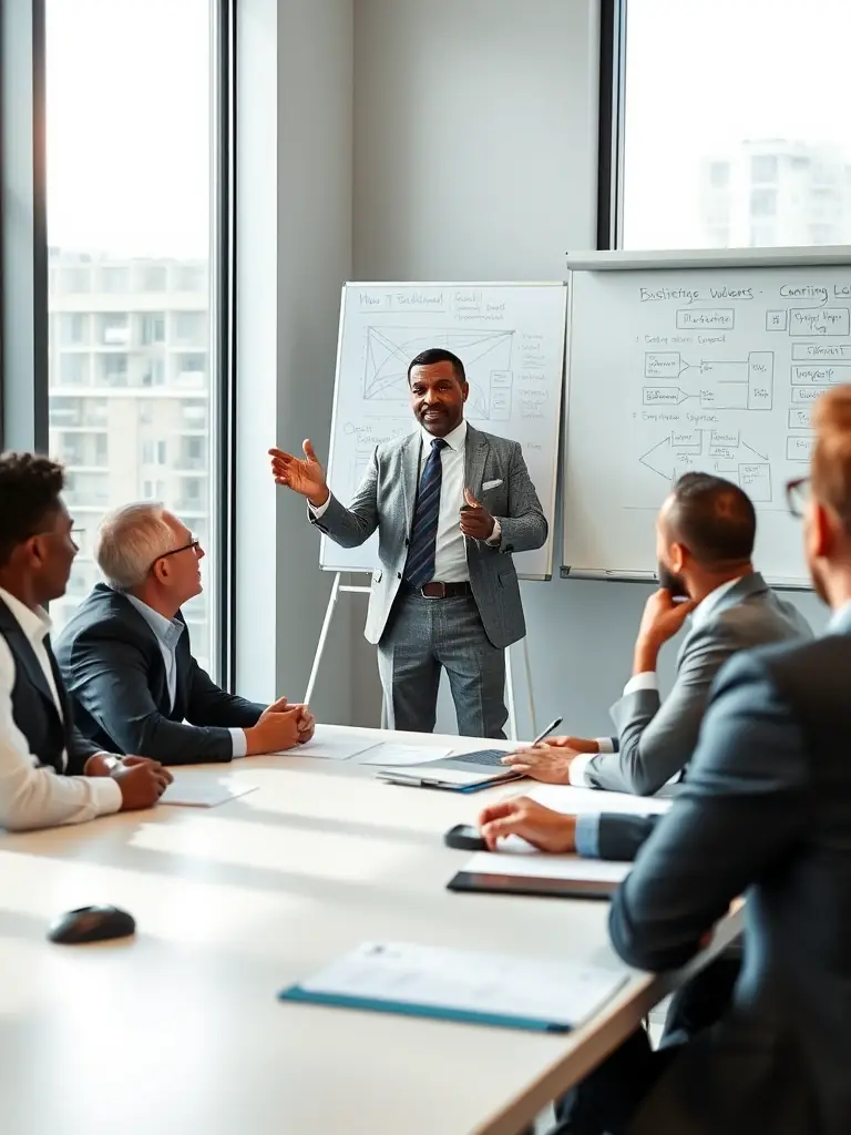 An image of a business coach in a smart suit, confidently presenting a growth strategy on a whiteboard to a team in a modern office in London.