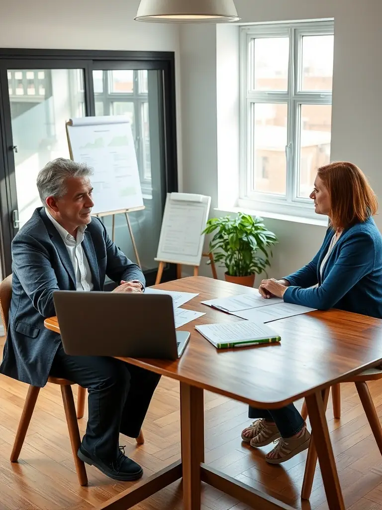 A photo of a coach and client reviewing financial reports and discussing revenue growth strategies in a co-working space.